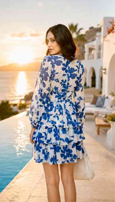 Leriya Fashion Women’s V-Neck Floral Print Ruffle Long Sleeve A-Line Mini Dress  Back